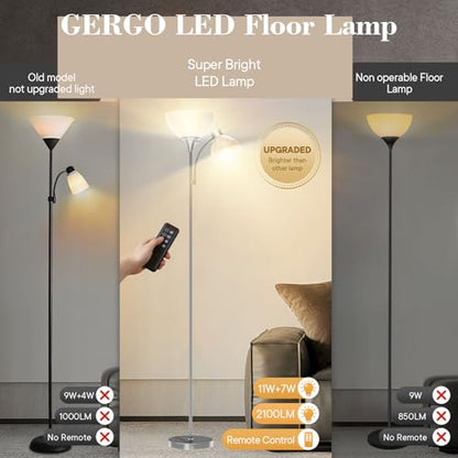 GERGO Torchiere Floor Lamp with Remote Control and Adjustable Reading Light - color: Brushed Nickel