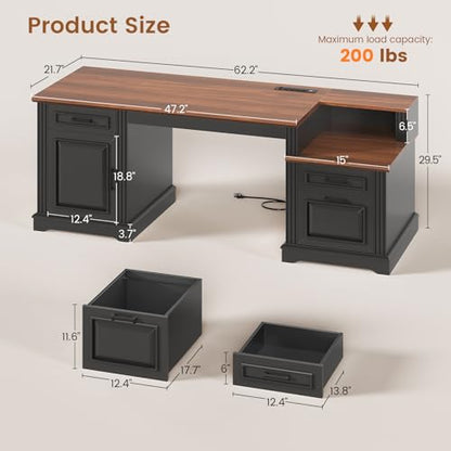 SEDETA Farmhouse Executive Desk, 62'' Home Office Desk with File Drawers, 3Drawer and Storage Cabinet, Computer Desk with Power Outlet for Home Office, Work Study Writing, Black + Walnut - color: Black + Walnut