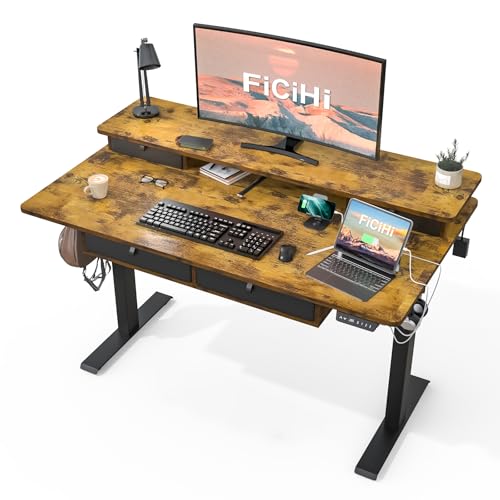 FiCiHi 48x30Inch Standing Desk with Drawers,Electric Height Adjustable Desk | Computer Sit Stand Desk,Large Workspace, 30 Inch Deep Home Office Desk with Monitor Stand, USB Charging Port,Cable Management - color: Rustic Brown, size: 48*30inch