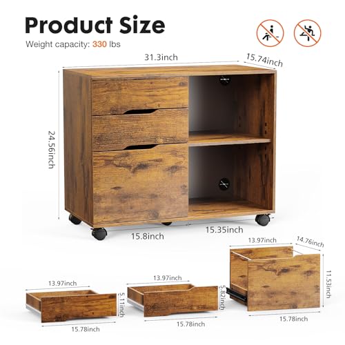 File Cabinet with 3 Drawers, Mobile Lateral Filing Cabinet with Open Storage Shelves for Home Office Under Desk Storage, Brown - color: Brown
