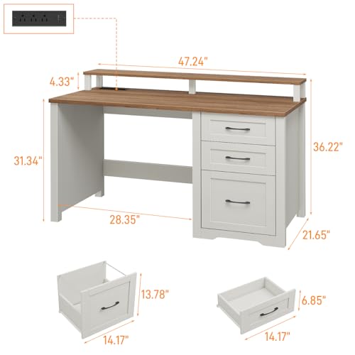 Vabches 47" Farmhouse Executive Desk with 3 Drawers,LED Lights,Unique White - color: Unique White, size: 3 Drawers & Monitor Stand
