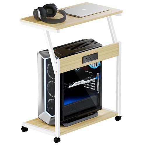 FANXIYQ Computer Tower Stand with Charging Station, Adjustable Height PC Tower Stand for Floor & Carpet, Rolling CPU Holder Cart with Top Shelf, Under Desk PC Cart, White - color: White