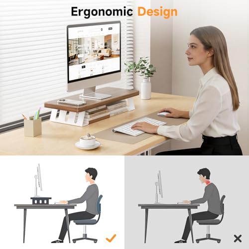 Monitor Stand Riser, 24 Inch Wood Desk Monitor Riser for Laptop/PC/Printer - color: Light Walnut - White Legs