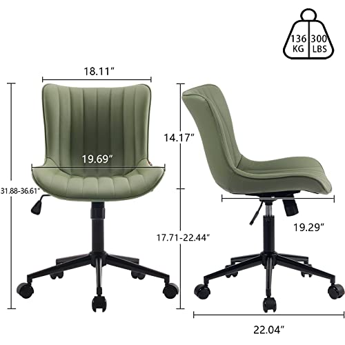 YOUNIKE Office Desk Chair with Wheels Armless Vanity Chair Modern Tan | Faux Leather Upholstered with Rocking Back, Swivel Height Adjustable Small Cute Computer Rolling Task Chair Ergonomic 300lb - color: Olive Green, size: Base Black