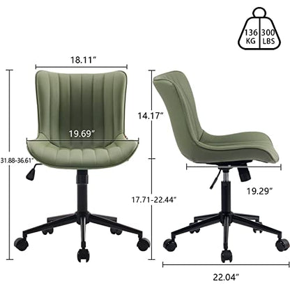 YOUNIKE Office Desk Chair with Wheels Armless Vanity Chair Modern Tan | Faux Leather Upholstered with Rocking Back, Swivel Height Adjustable Small Cute Computer Rolling Task Chair Ergonomic 300lb - color: Olive Green, size: Base Black