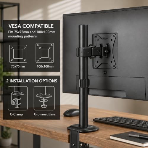 Mount-It! Single Monitor Desk Mount, Full Motion Arm, Fits 17-32" Screens | Full motion arm adjusts tilt, swivel & rotate, VESA compatible, clamp & grommet base. - color: Black