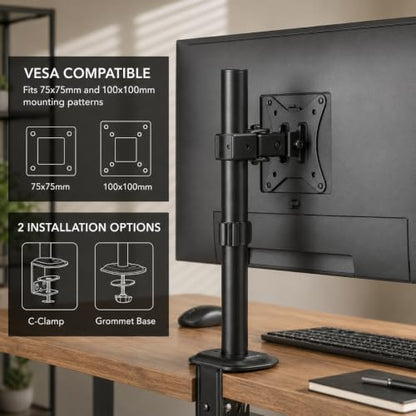 Mount-It! Single Monitor Desk Mount, Full Motion Arm, Fits 17-32" Screens | Full motion arm adjusts tilt, swivel & rotate, VESA compatible, clamp & grommet base. - color: Black