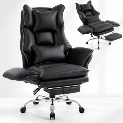Executive Leather Criss Cross Office Chair with Foot Rest &Flip Arms | Big and Tall 155° Reclining Desk Chair with Wide Seat for Cross Legged Sitting for Home Office, PU Leather, 400LBS - color: Black