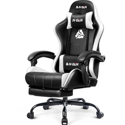 N-GEN GAMING Gaming Chair, Footrest, Lumbar, High-Back, White Black | Reclining Backrest, Linkage Armrests, Durable PU Leather, Adjustable Comfort for Extended Computer, Desk, or Home Office Use - color: White Black