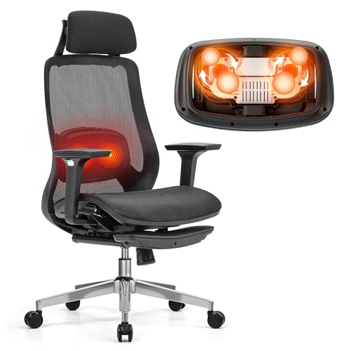FLEXISPOT Massage Office Chair with Footrest, High Back Ergonomic Desk Chair with Adjustable Headrest, 3D Armrests, 2D Lumbar Heated Shiatsu Massage, 4-Position Recline, Mesh Seat, Black - color: Breathable Black