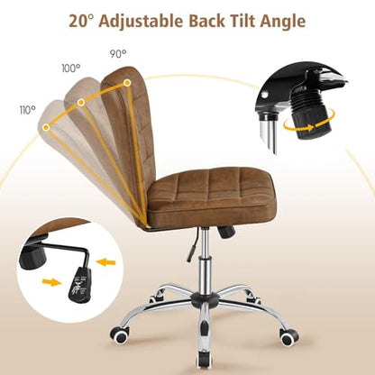 Yaheetech Retro Brown Tufted Armless Desk Chair with Wheels, Faux Leather - color: Retro Brown