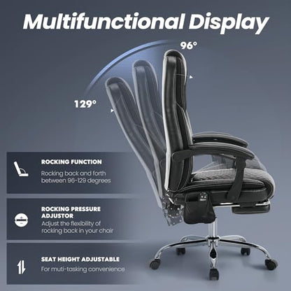 MALOL 300 lbs Massage Office Chair, Big and Tall Desk Chair with 3-Level Heat and Footrest, PU Leather Ergonomic Executive Computer Chair with Side Pocket, Black - color: Black, size: Set of 1, style: Classic