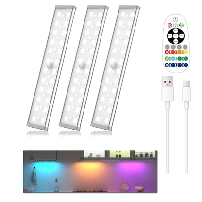 Under Cabinet Lighting Wireless,58 LED Motion Sensor Light Indoor Night Lights with Remote,Rechargeable RGB Under Cabinet Lights Bar,Dimmable Under Counter Lighting for Kitchen,Shelf(3Pack) - size: 3 Pack