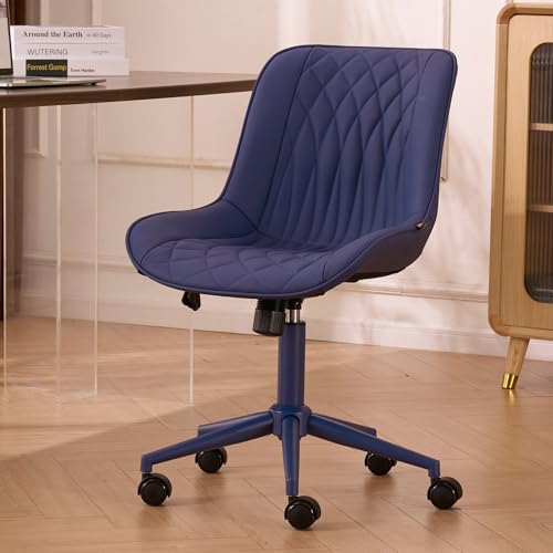 YOUNIKE Faux Leather Office Chair Ergonomic Desk Chair Armless Navy Blue | Ergonomic Upholstered Rocking Back, Swivel with Wheels, Height Adjustable, Modern Task Chair For Computer Sewing Drafting - color: Navy Blue
