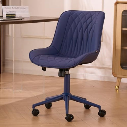 YOUNIKE Faux Leather Office Chair Ergonomic Desk Chair Armless Navy Blue | Ergonomic Upholstered Rocking Back, Swivel with Wheels, Height Adjustable, Modern Task Chair For Computer Sewing Drafting - color: Navy Blue