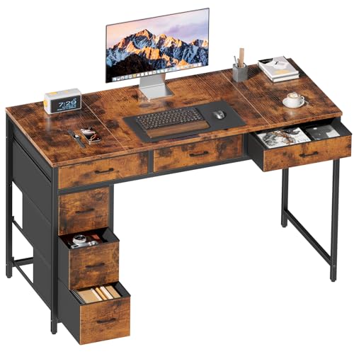 HLDIRECT 47" Computer Desk with 6 Drawers & Large Storage Space | FSC-Certified Wood, 19.7"D x 29"H, Steel Frame, Triangular Supports, Writing Workstation for Home Office, Gaming, Brown - color: Brown