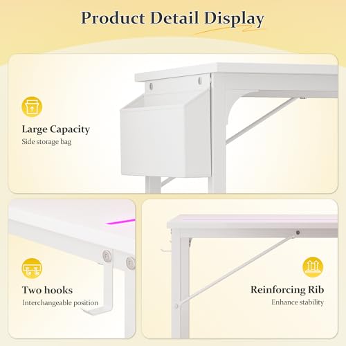 DurayLoly 40" Gaming Desk with Waterproof LED Lights for Bedroom,White - color: White, size: 40 IN