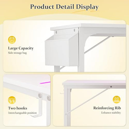 DurayLoly 40" Gaming Desk with Waterproof LED Lights for Bedroom,White - color: White, size: 40 IN