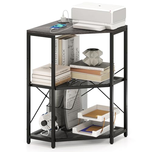 GOFLAME Corner Printer Stand with Charging Station, Freestanding 3-Tier Printer Table with Adjustable Metal Mesh Shelf, Storage Rack Organizer for Home Office Living Room, Grey + Black - color: Grey + Black