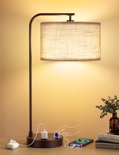 Innqoo Gray Tall Table Lamp with USB Port and Outlet, Dimmable Nightstand Bedside Lamps with Linen Lampshade, Desk Lamp for Bedroom, Living Room, Guest Room, Home Office, LED Bulb Included - color: Brown