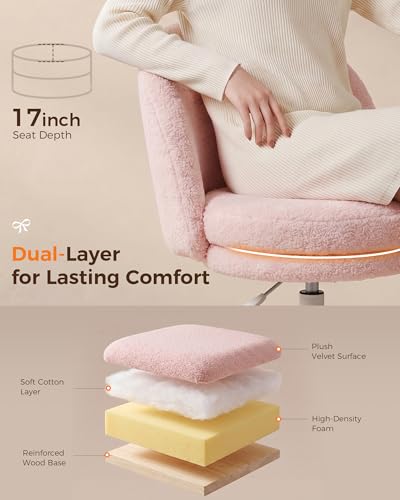 GTPLAYER Velvet Tall Office Chair with Wheels Vanity Chairs with Back, Versatile Height Use: Office to Bar Stools Small Ergonomic Comfy Armlees Computer Desk Chair with Bow Lumbar Pillow for Gift - color: Tv-pink