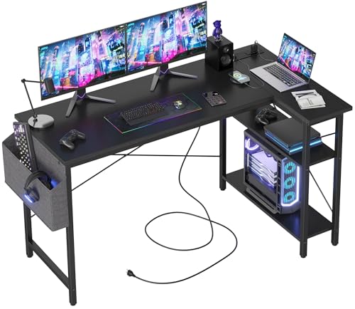TIQLAB L Shaped Computer Desk with Power Outlets, 55 Inch Small Corner Desk with Reversible Shelves, Gaming Desk Computer Table Study Writing Table for Home Office Bedroom Small Space, Black - color: Black, size: 55 Inch