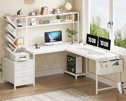 63" L Shaped Desk with Bookshelf, Drawers and Hutch for Home Office - color: White, size: 63" L Shaped Desk