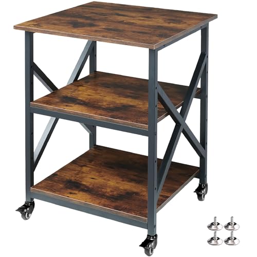 Fannova 23.6"x23.6" Large Printer Stand, 3 Tier Square Table for 3D Printer | Height Adjustable Storage Shelf, Heavy Duty Industrial Wheels - All 4 Lock, Home Office Rolling Printer Cart, Rustic Brown - color: Rustic Brown