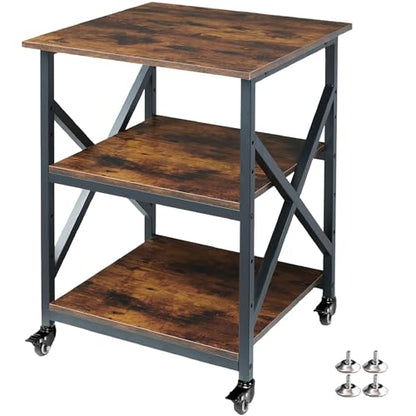 Fannova 23.6"x23.6" Large Printer Stand, 3 Tier Square Table for 3D Printer | Height Adjustable Storage Shelf, Heavy Duty Industrial Wheels - All 4 Lock, Home Office Rolling Printer Cart, Rustic Brown - color: Rustic Brown