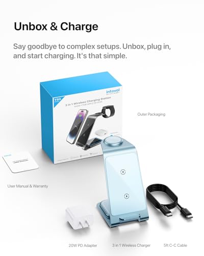 Intoval Aluminum 3 in 1 Wireless Charging Station for iPhone 17 16 15 14 13 12 11 Pro Max XR, Wireless Charger for Apple Watch 11 10 9 8 7 Ultra SE 3 2, Phone Charger for AirPods 4 Pro 2 3 (Blue) - color: Blue