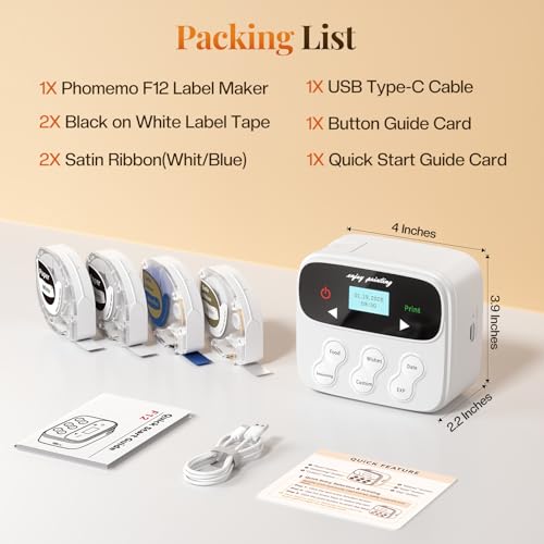 Phomemo F12 Ribbon Label Printer, Magnetic Label Maker Machine with 4 Tapes | No Typing Required, One-Click Printing, Handheld Rechargeable Backlit-LCD Screen for Home Food School Gift Wrapping Fridge - style: 1 Printer with 4 Tapes
