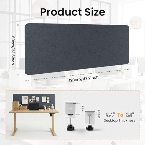 Felt Desk Divider, Clamp-On Privacy Panel, 24 x 48 Inch, Dark Gray - color: Dark Gray, size: 24×48 in