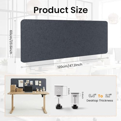 Felt Desk Divider, Clamp-On Privacy Panel, 24 x 48 Inch, Dark Gray - color: Dark Gray, size: 24×48 in