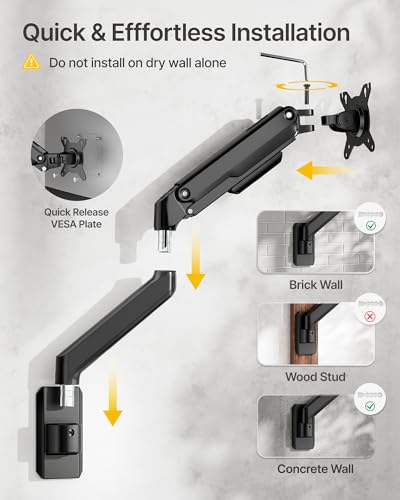 monTEK Single Monitor Wall Mount, Wobble-Free Spring, 17–32" Full Motion | Zero Clearance Wall Mount Retracts To 3.8" From Wall, Wobble-Free Mechanical Spring, Fits Wood, Brick & Concrete Walls - size: Single Arm