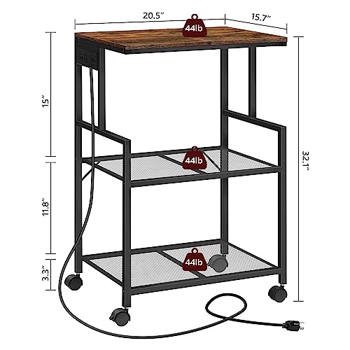 MAHANCRIS Mobile Printer Stand, 3-Tier Industrial Printer Cart with Power Outlets and 2 USB Ports, Rolling Printer Table on Wheels for Home Offices Kitchen Organization Rack, Rustic Brown PTHR78E01 - color: Rustic Brown