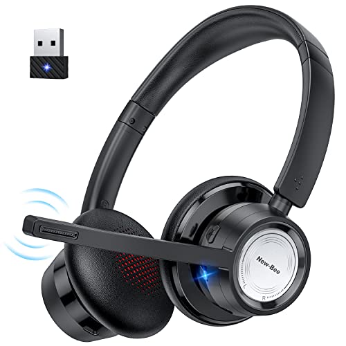 New Bee Wireless Headset Bluetooth Headset with Noise Cancelling Microphone 20hrs Talk time & Mute Button for Work/PC/Office/Zoom/Skype (Include USB Dongle)