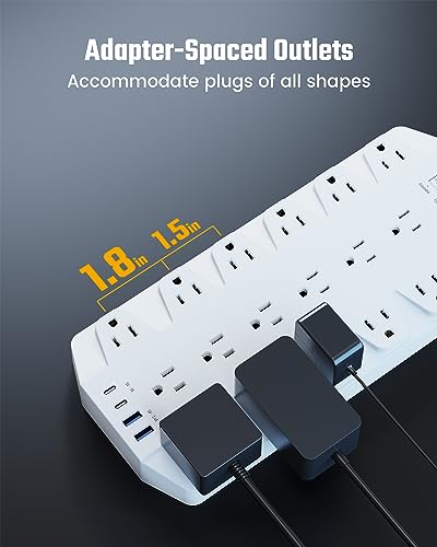 SUPERDANNY 18 AC Power Strip Surge Protector, 6.5FT, Flat Plug, 1875W/15A - color: White, size: 6.5 FT