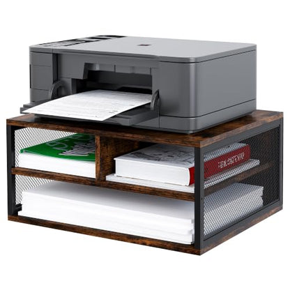 2 Tier Printer Stand with Storage, Wooden Printer Shelf with Metal Frame, Desktop Paper Organizer for Home Office, Multi-Functional Desk Rack for Fax Scanner, Brown