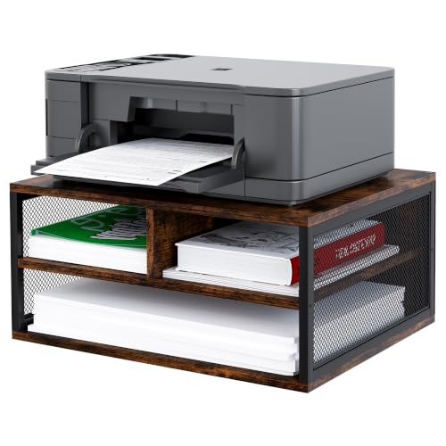 2 Tier Printer Stand with Storage, Wooden Printer Shelf with Metal Frame, Desktop Paper Organizer for Home Office, Multi-Functional Desk Rack for Fax Scanner, Brown