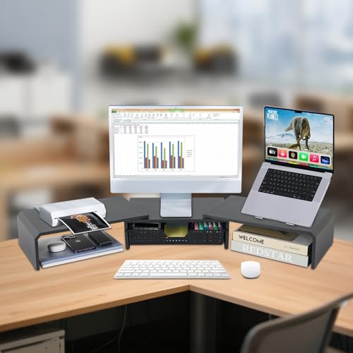LEKETREE Dual Monitor Stand Riser with Drawer, Computer Stand for Desk, Workspace Desktop Stand, Desk Organizer for Computer, Laptop, TV and More (Black) - color: Black-1