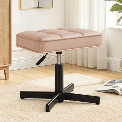 LUE BONA Adjustable Vanity Stool, 15''-19.5'' Foot Rest Under Desk, 360° Swivel Vanity Chair for Makeup Room, Rose Gold Upholstered Faux Leather Ottoman for Bathroom & Living Room, 300lbs - color: Rose Gold