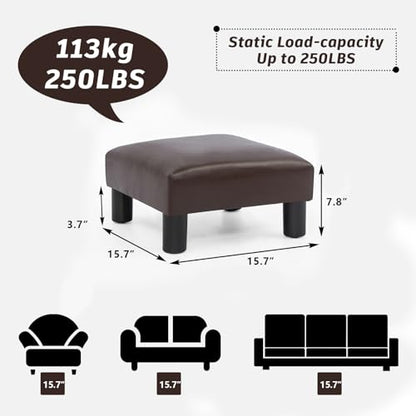 Joveco Small Foot Rest Stool Ottoman, 15" Leather Footrest Square Footstool with Non-Skid Plastic Legs, for Chair, Under Desk, Office, Living Room, Brown - color: Brown