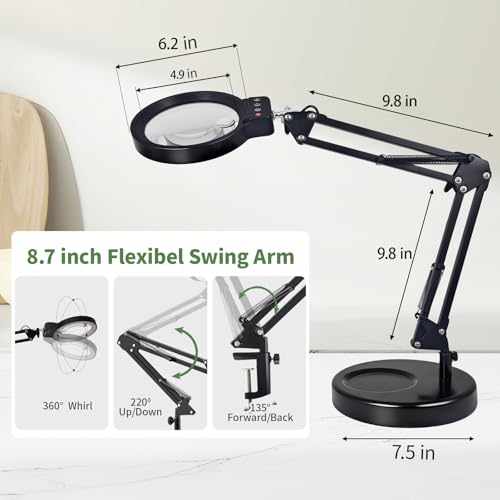10X/20X Magnifying Glass with Light and Stand, LED Desk Magnifying lamp with Base and Clamp, 3 Color Mode, 10 Dimmable Levels Desktop Magnifier, Crafts Jewelry Sewing Close Work (Black) - color: Black