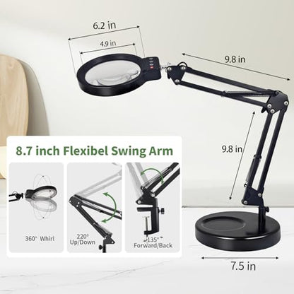 10X/20X Magnifying Glass with Light and Stand, LED Desk Magnifying lamp with Base and Clamp, 3 Color Mode, 10 Dimmable Levels Desktop Magnifier, Crafts Jewelry Sewing Close Work (Black) - color: Black