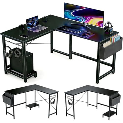 L Shaped Desk, 50 Inch Reversible Computer Desk with CPU Stand - color: Deep Black