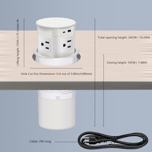 7-in-1 Pop Up Outlet with 15W Wireless Charger,3.86 inch Hole; 4 Outlets 1875W Overload Protection, USB-A,USB C Ports PD 20W,6.5FT 16AWG Cable UL Testing for Office Home-White - color: Super charging - White
