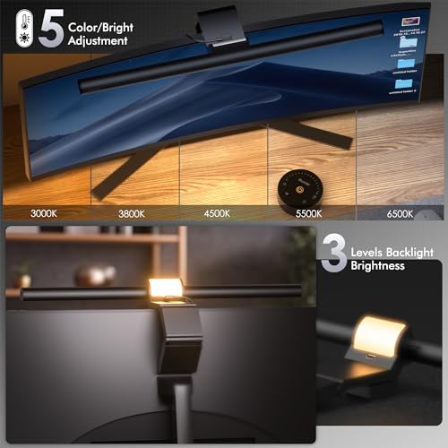 Quntis Monitor Light Bar with Remote, 16.7'' Eye Care No Glare Computer Light Bar with Backlight, Auto-Dimming & Timer, Stepless Dimming Monitor Lamp for Desk Gaming Home Office Curved Monitors