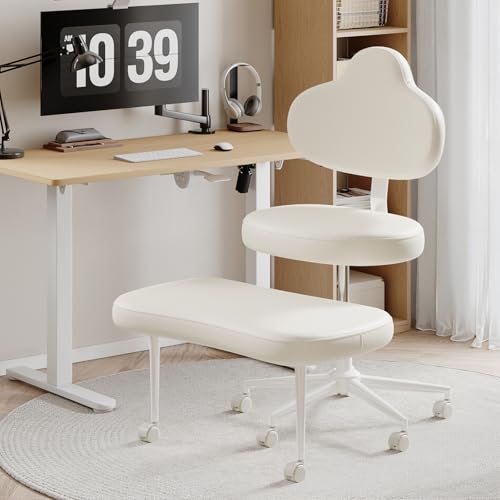 Cross Legged Office Chair with Wheels for ADHD, Ergonomic 360° Swivel Height-Adjustable Meditation Chair for Yoga, Kneeling Chair with 4 inch seat Cushion and Lumbar Support, PU Leather, Off White - color: Off White-pu-mountain