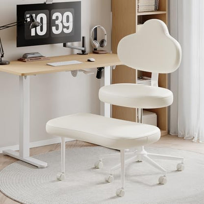 Cross Legged Office Chair with Wheels for ADHD, Ergonomic 360° Swivel Height-Adjustable Meditation Chair for Yoga, Kneeling Chair with 4 inch seat Cushion and Lumbar Support, PU Leather, Off White - color: Off White-pu-mountain