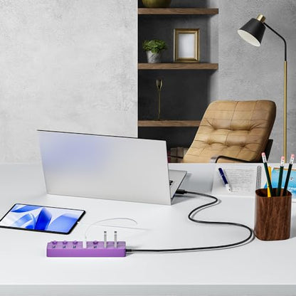 USB Hub 7 Port, USB Splitter with Individual On/Off Switches and Lights - color: Purple